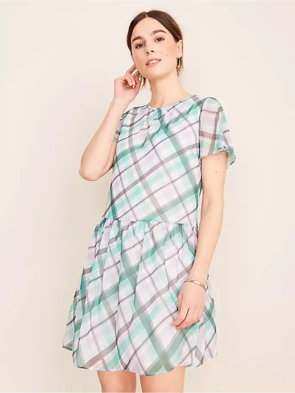 Ann Taylor Chiffon Plaid Short Sleeve Babydoll Dress in Pink & Mint Size 10 Med